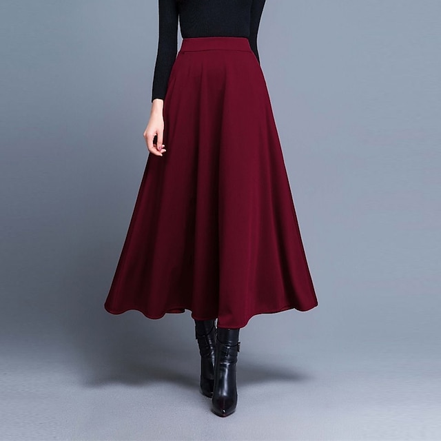  Damskie Spódnica Linia A Huśtawka Elegancja Moda Midi Wysoka talia Spódnice Solidne kolory Kieszeń Ulica Codzienny Wino Czarny Czerwony Zima Poliester