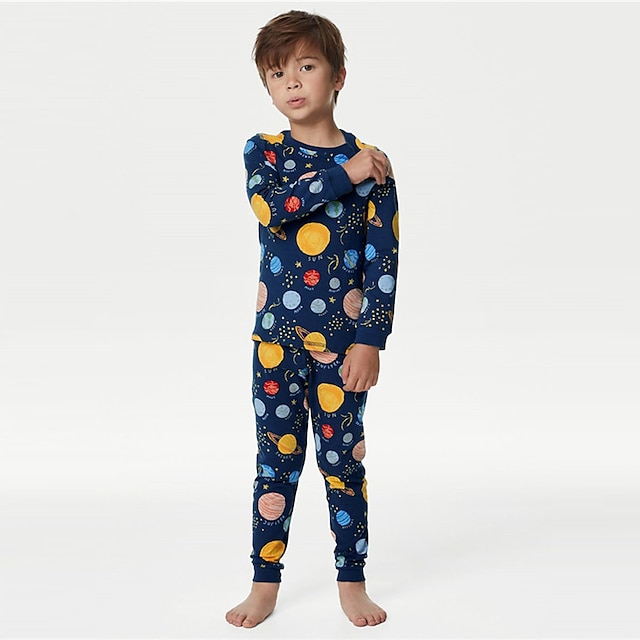  Boys 3D Galaxy Pajama Set Long Sleeve 3D Print Fall Winter Active Cool Daily Polyester Kids 3-12 Years Crew Neck Home Causal Indoor Regular Fit