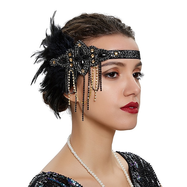  Feather Flapper Headpiece Black Rhinestone 1920s Headband the Great Gatsby Hair Accessories