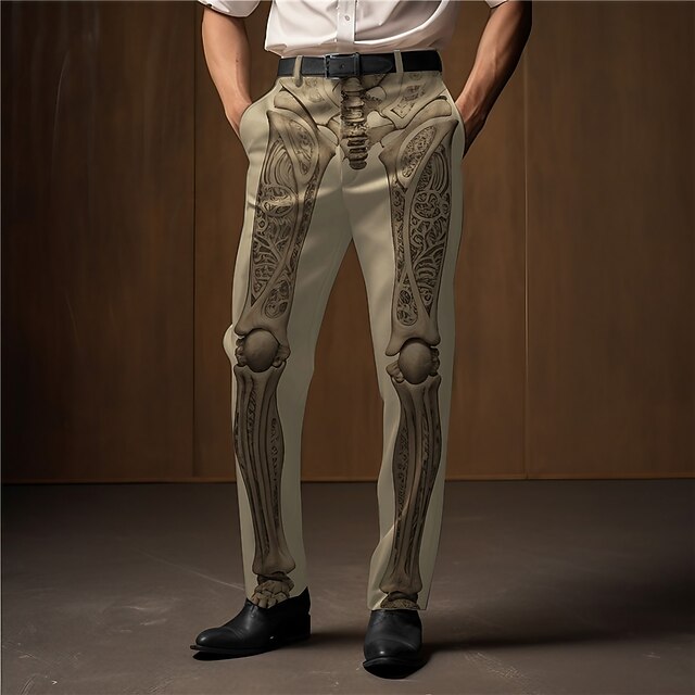 Embossed Skeleton Relief Pattern Punk Abstract Men's 3D Print Pants Trousers Outdoor Street Wear to work Polyester Black White Khaki S M L High Elasticity Pants4