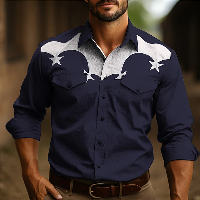 Men's Star Shirt Western Shirt Cowboy Shirt Long Sleeve Casual Outdoor Street Casual Daily Fall & Winter Turndown Buttons Print Black Burgundy Dark Navy Sky Blue Olive 7