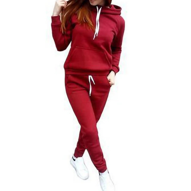 Women's Warm Sports Hoodie Tracksuit Pants Sets Joggers Pants Trousers Long Sleeve Hooded Solid Color Drawstring Outdoor Casual Black Pink Wine Fall & Winter Regular Fit 7