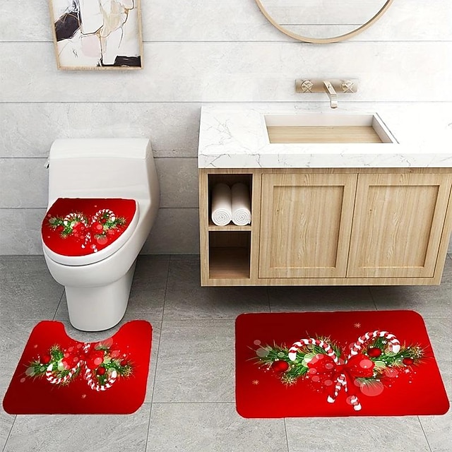  Cortina de ducha de Feliz Navidad con 12 ganchos de plástico, cortinas de tela de poliéster con diseño de árbol de Navidad, alfombra de baño antideslizante, alfombrilla en forma de U para inodoro, almohadilla para tapa de inodoro, Navidad