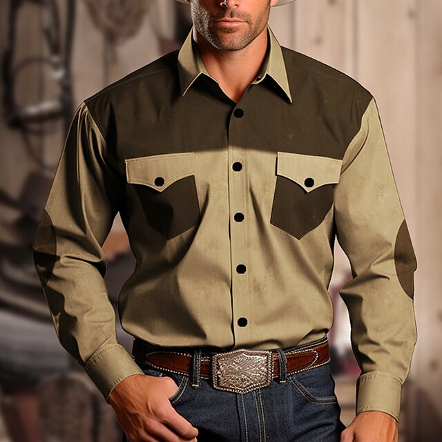 Men's Cowboy Western Shirt Button Up Shirt Cowboy Shirt Long Sleeve Vintage Western Style Casual Daily Spring Fall & Winter Turndown 3D Print Front Pocket khaki Gray3