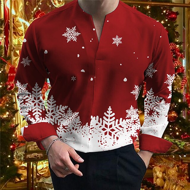 Christmas Men's Christmas Scene Printed Shirts Snowflake Casual Outdoor Street Fall & Winter Split Neck Long Sleeve Black Burgundy Green S M L Shirt4