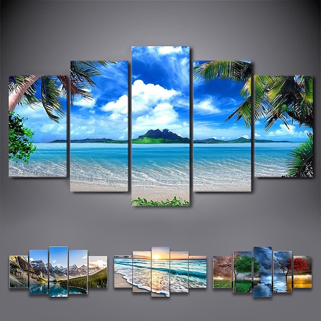  5 Panels Landscape Prints Posters/Picture Beach Blue Sea Sunset Modern Wall Art Wall Hanging Gift Home Decoration Rolled Canvas No Frame Unframed Unstretched