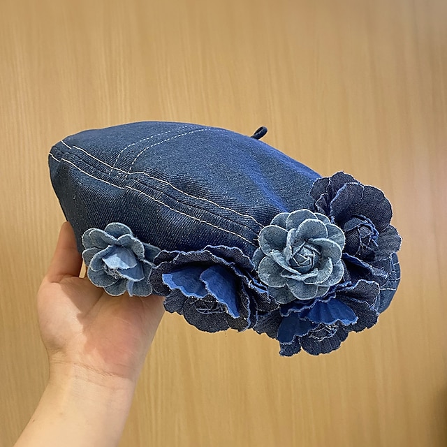  berretto berretto con decorazioni floreali vintage per donna berretti lavati in denim blu cappello ottagonale leggero cappelli classici da pittore