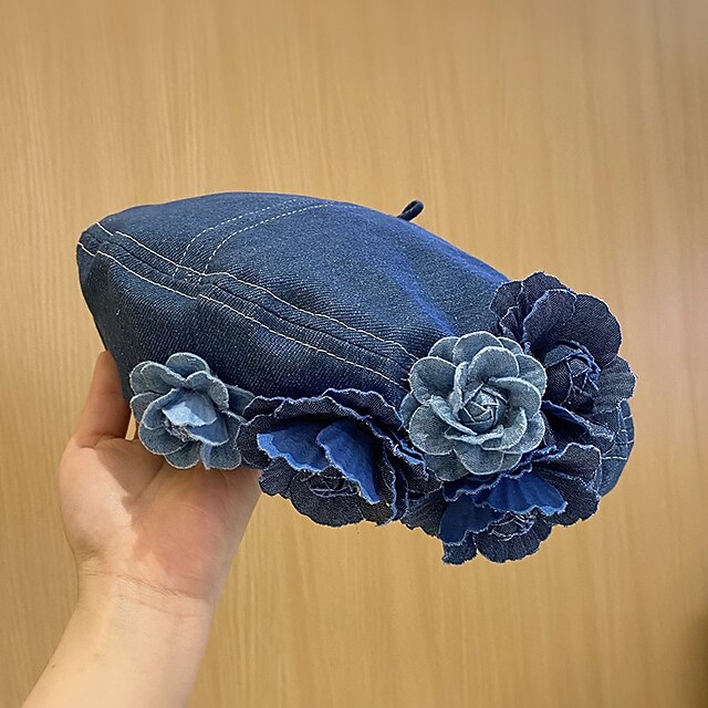 Vintage Flower Decor Beret Cap For Women Blue Denim Washed Berets Lightweight Octagonal Hat Classic Painter Hats 5