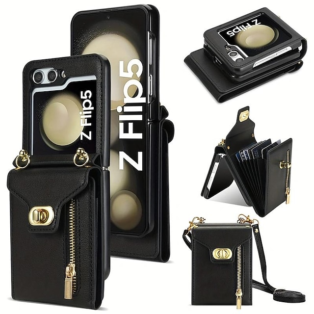  Phone Case For Samsung Galaxy Z Flip 5 Z Flip 4 Z Flip 3 Wallet Case Zipper with Lanyard PU Leather