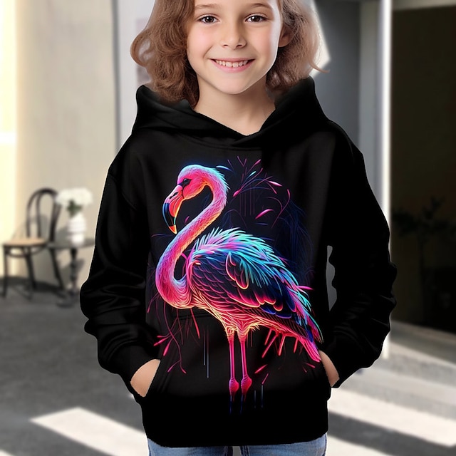  Pige 3D Flamingo Hattetrøje Pullover Langærmet 3D-udskrivning Efterår Vinter Aktiv Mode Sød Stil Polyester Børn 3-12 år udendørs Afslappet Daglig Regulær