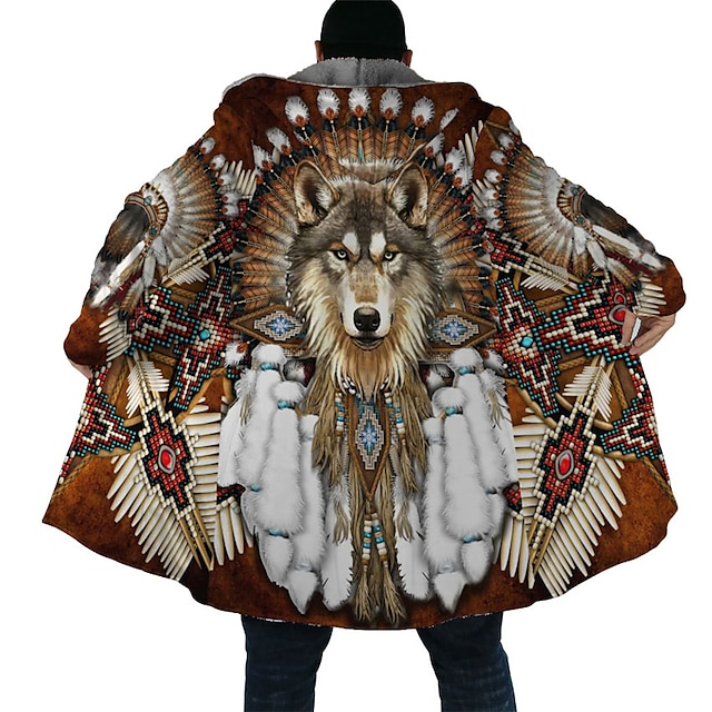  Pánské Zimní kabát Fleecová bunda Kabát Sporty a outdoor Denní nošení Zahřívací Prodyšné Zip Kapsy Podzim zima Vlk Bandana Print Šik ven Etnický styl Mikina Dlouhé Běžný Černá Fialová Oranžová Hněd