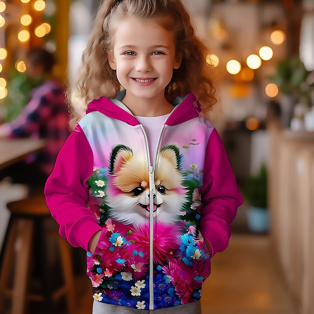 女の子 3D 猫 パーカー コート アウター 長袖 3D プリント 秋冬 アクティブ ファッション かわいい ポリエステル 子供 3-12 歳 アウトドア カジュアル デイリー レギュラーフィット