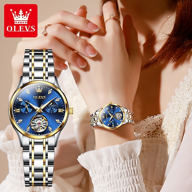  OLEVS Damen Mechanische Uhr Luxus Modisch Geschäftlich Armbanduhr Skelett Automatikaufzug Tourbillon leuchtend Legierung Beobachten