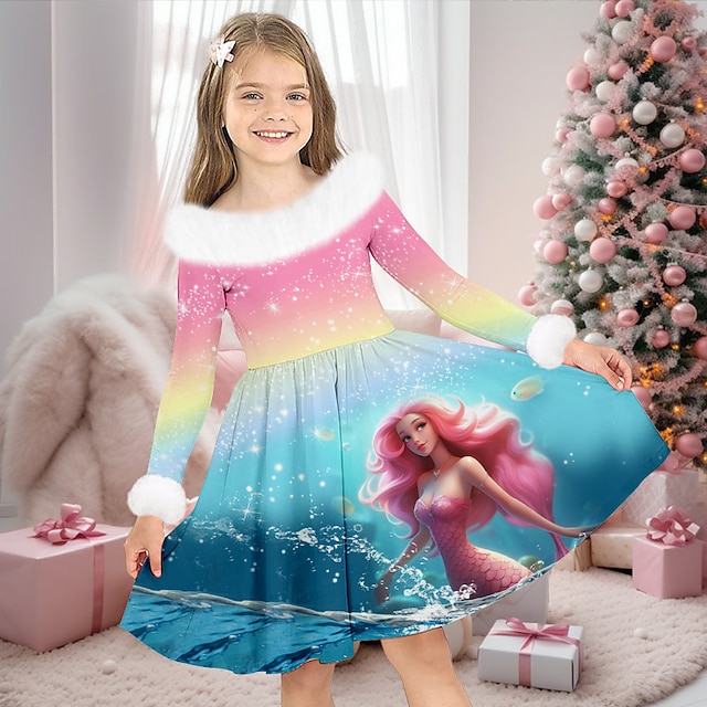  3D-Meerjungfrau-Prinzessinnenkleid für Mädchen, langärmelig, 3D-Druck, Herbst, Winter, Sport & Outdoor, Alltag, Urlaub, süß, lässig, schön, für Kinder von 3–12 Jahren, lässiges Kleid, Swing-Kleid,