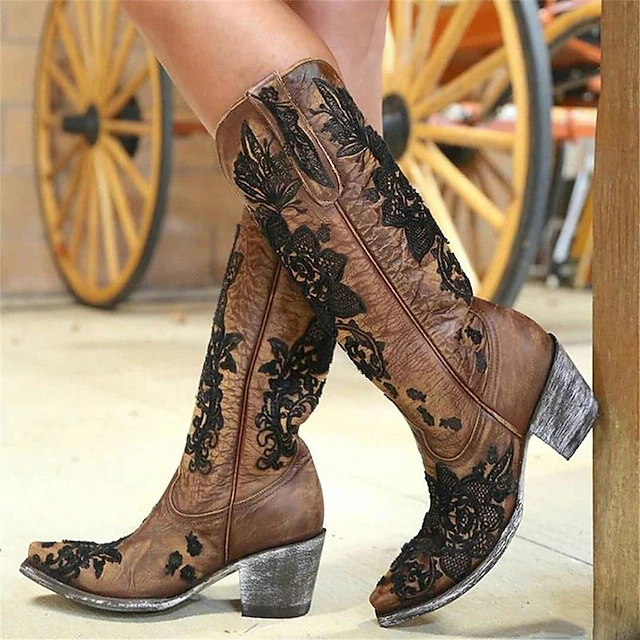 Women's Brown Western Cowboy Boots with Intricate Black Floral Lace Embroidery - Ideal for Country Weddings, Rustic Events, and Western-Themed Parties 9