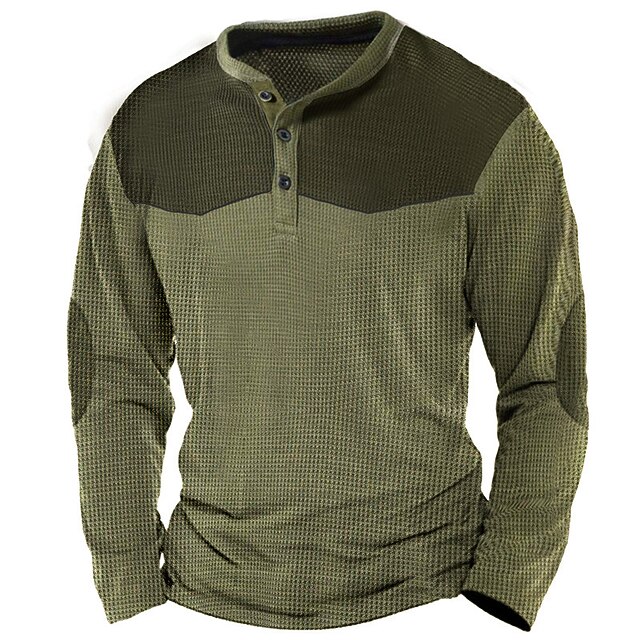 Men's Waffle Tee Button T Shirt Henley Shirt Waffle Knit Tee Long Sleeve Henley Spring & Fall Color Block Fashion Designer Basic Patchwork Vacation Street Going out Black Blue Brown Top Tee for Men 5