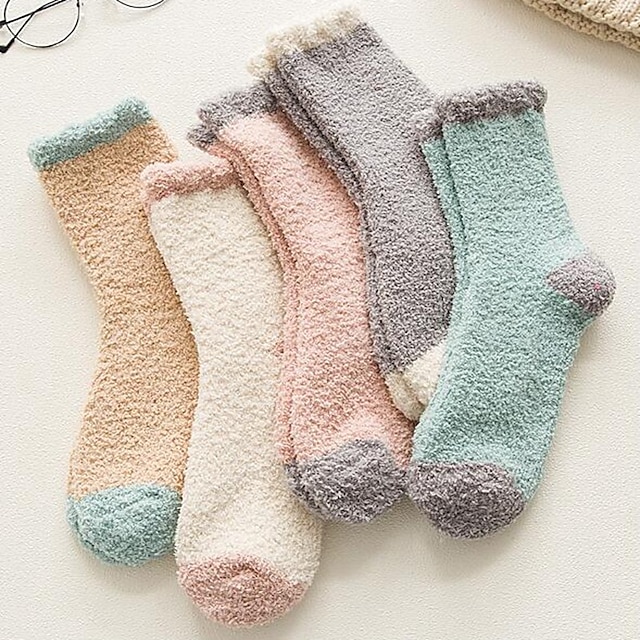  Dámské Tlusté zimní teplé ponožky Domů Barevné bloky Polyester Jednoduchý Klasické Zahřívací 5 párů