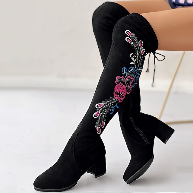  Mujer Botas Zapatos de gamuza Exterior Trabajo Diario Floral Botas por encima de la rodilla Botas altas de muslo Invierno Bordados Talón de bloque Tacón Cuadrado Dedo Puntiagudo Elegante Moda Clásico