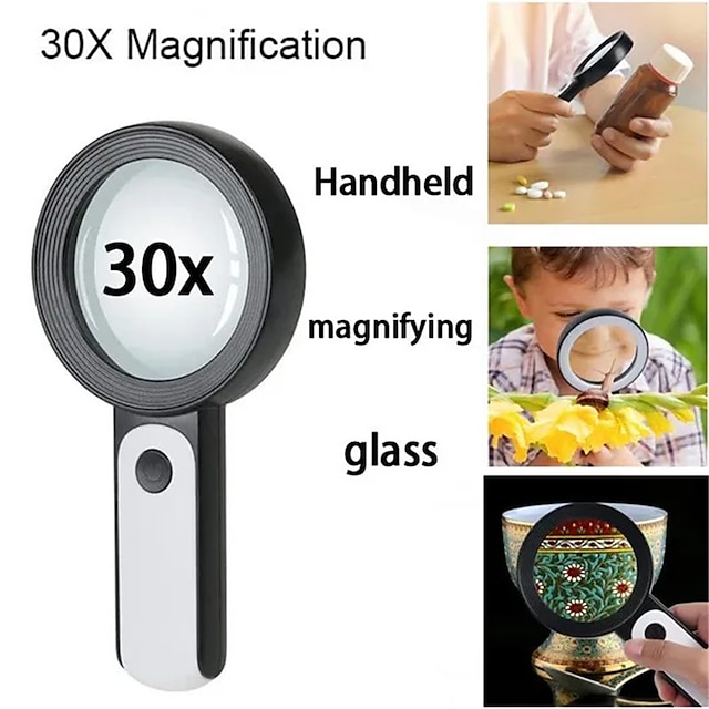  Lupa de leitura portátil 30x, lupa iluminada, lente de microscópio, joias, relógio, lupa com luz led