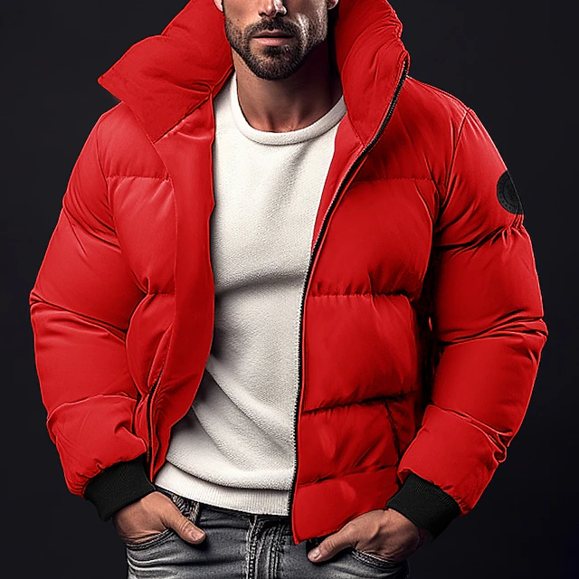 Men's Winter Coat Winter Jacket Puffer Jacket Zipper Pocket Polyster Pocket Office & Career Date Casual Daily Regular Keep Warm Thermal Warm Windproof Outdoor Winter Solid / Plain Color Black Red 8