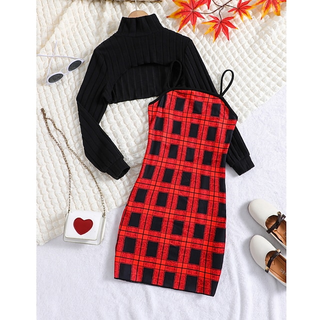  2 Pieces Kids Girls' Plaid Ruched Dress Suits Set Long Sleeve Active School 7-13 Years Spring Red