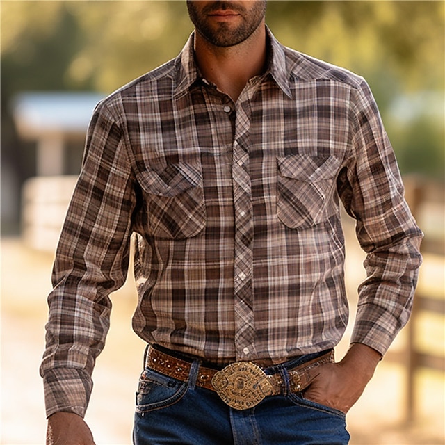  Homme Plaid Chemise Chemise Western Chemise de cow-boy manche longue Rétro Vintage style occidental Usage quotidien Sortie Fin de semaine Automne hiver Col rabattu Poche Imprimer Bouton bas Noir