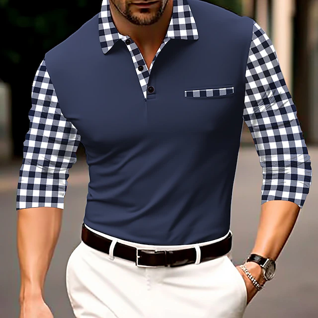 Men's Button Up Polos Polo Shirt Casual Sports Lapel Long Sleeve Fashion Basic Plaid Patchwork Button Spring & Fall Regular Fit Black Navy Blue Orange Button Up Polos4