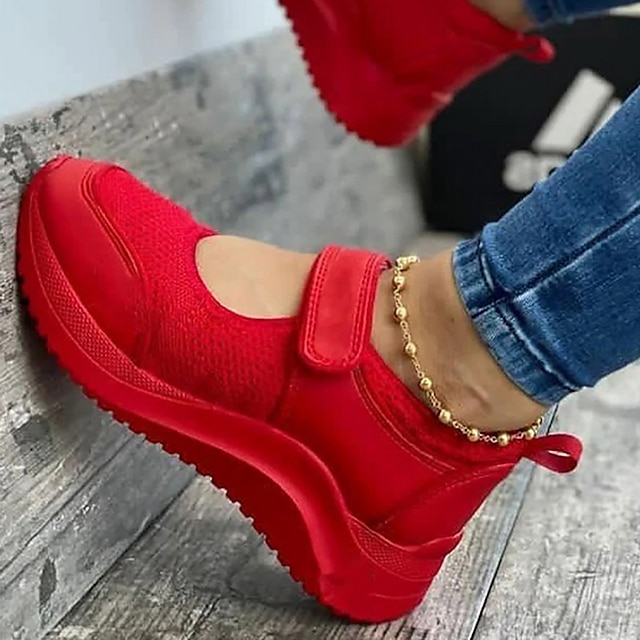  Pentru femei Adidași Mărime Plus Size Adidași adezivi Pantofi de confort În aer liber Zilnic Culoare solidă Vară Toc Platformă Vârf rotund Casual Plasă Panglică Alb Roz Rosu