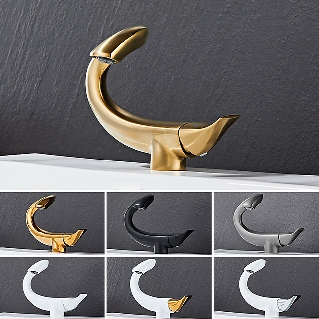  Curved Bathroom Sink Faucet, Centerset Single Handle One Hole Bath Taps with Hot and Cold Water Switch, Ceramic Valve Insides
