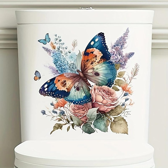  Floral Butterfly Toilet Seat Decal, Waterproof Self-adhesive Bathroom Decoration Decal, Bathroom Decoration Sticker, Home Decor