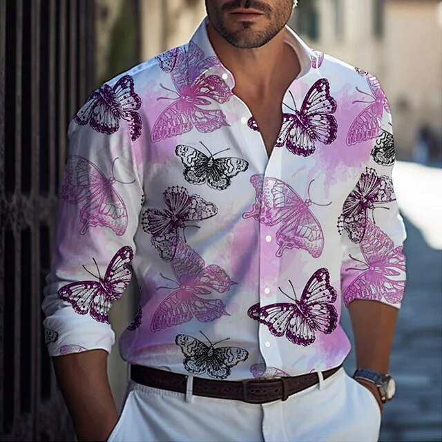  Men's Butterfly Shirt Long Sleeve Casual Daily Wear Going out Weekend Fall & Winter Turndown Print Button-Down White Blue Purple Orange Gray