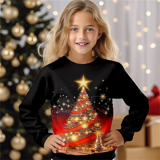 Hanorac de Crăciun pentru fete, model 3D, cu imprimeu 3D, stil streetwear, adorabil, poliester, copii 4-12 ani, guler rotund, exterior, casual, zilnic, croială regulată