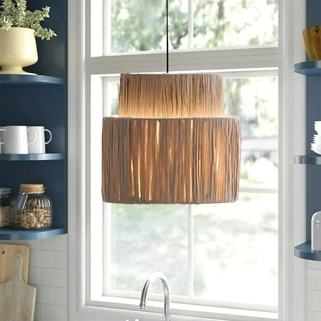  loftspendler i hamp, håndvævet skærm, rattan flet, håndvævet hængelampe til stue, soveværelse, spisestue, køkken 110-240v