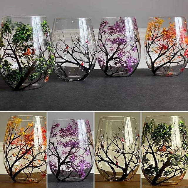 Four Seasons Tree Wine Glasses - Hand Painted Art, Spring Summer Autumn Winter Painted Wine Glasses, Seasonal Tree Art Design Colored Glasses