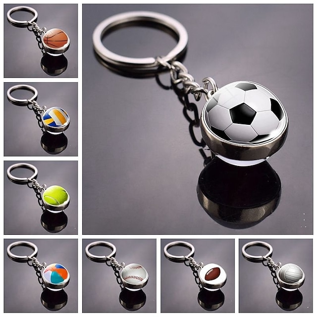  Sports Ball Keychain Set - Basketball, Volleyball, Baseball, Tennis - Durable Glass Spherical Pendants for Sports Fans and Athletes