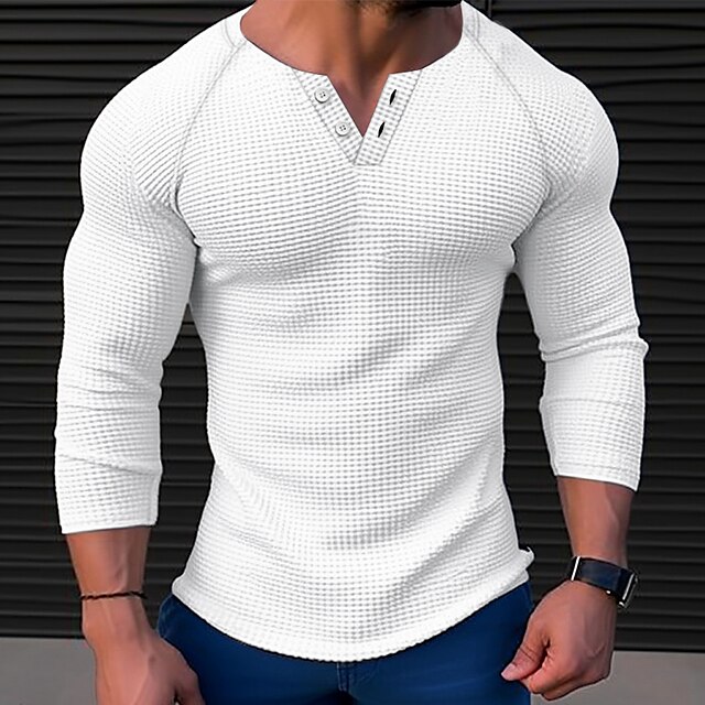 Men's T shirt Tee Waffle Henley Shirt Henley Shirt Tee Top Long Sleeve ...