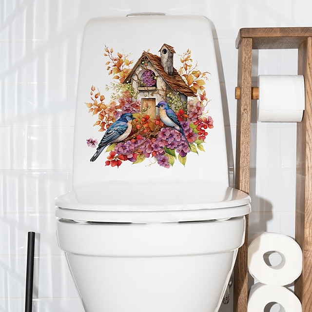  Kwiaty roślinne naklejki na toaletę z motywem ptaka, akcesoria samoprzylepne do łazienki, kwiatowa naklejka ścienna do toalety, naklejki na pokrywę toalety, wystrój pokoju