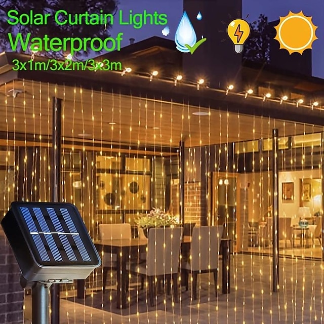 1pc Solar LED Curtain Garland on The Window Outdoor Waterproof Fairy Lights 8 Lighting Modes for Festival New Year Decor LED Lights Christmas Decoration, Halloween Decorations Lights Outdoor Leather