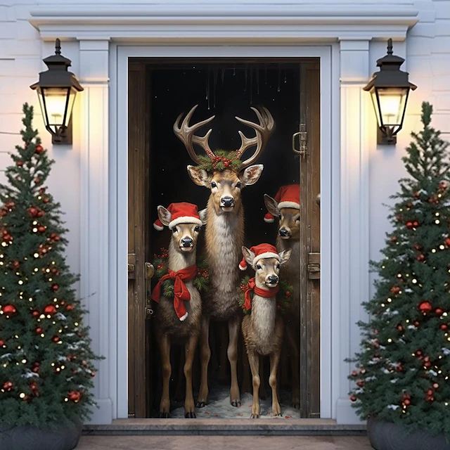 Christmas Door Decorations Reindeers Door Covers Door Tapestry Door Curtain Decoration Xmas Backdrop Door Banner for Front Door Holiday Party Decor Supplies 19