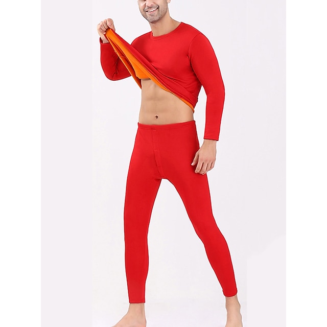  Men's Thermal Underwear Sleepwear Thermal Set 2 Pieces Plain Warm Fashion Casual Home Daily Bed Polyester Fleece Comfort Warm Soft Crew Neck Long Sleeve T shirt Tee Pant Fall Winter Black Red