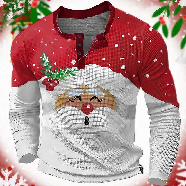 Christmas Men's Santa Claus Henley T Shirt Graphic Santa Claus Fashion Designer Casual 3D Print Henley Waffle Sports Outdoor Holiday Festival White Red Long Sleeve Henley Spring &  Fall Clothing3