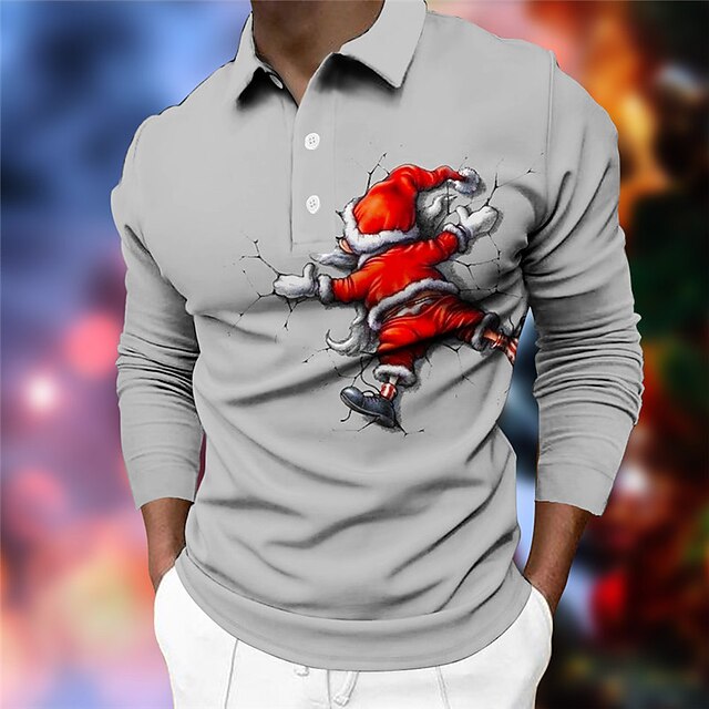 Christmas Men's Santa Claus 3D Polo Santa Claus Casual Print 3D Golf Outdoor Casual Daily Streetwear Polyester Long Sleeve Turndown Shirts Green Gray Fall & Winter S M L Micro-elastic Lapel Polo3