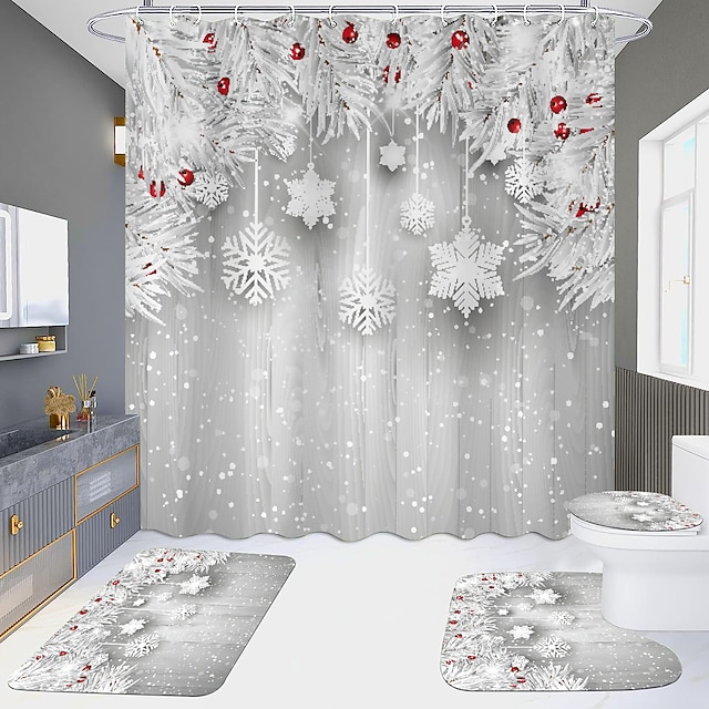 クリスマス雪の結晶シャワーカーテン、滑り止めラグ、トイレ蓋カバー&バスマット、メリークリスマスバスルーム装飾、防水シャワーカーテン、フック12個付き、クリスマスデコレーション。