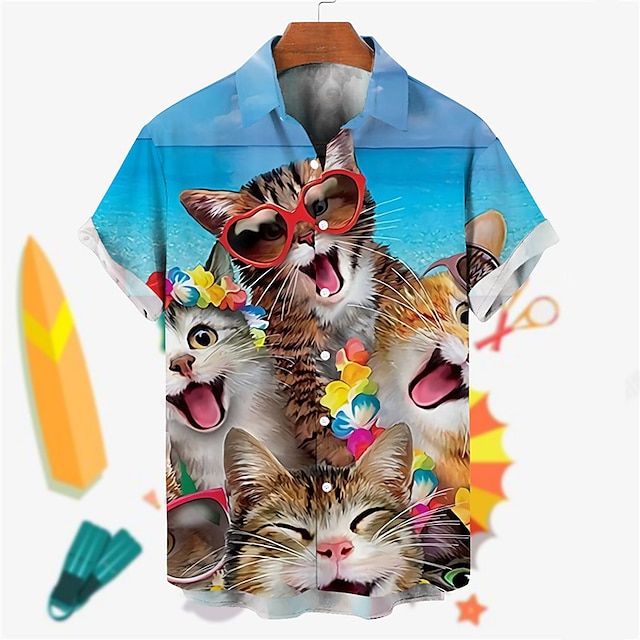  בגדי ריקוד גברים חולצה חולצת הוואי חיה חתול הדפסים גרפיים צווארון מתקפל פול אפור רחוב קזו'אל שרוול קצר דפוס כפתור למטה ביגוד טרופי אופנתי הוואי מעצב