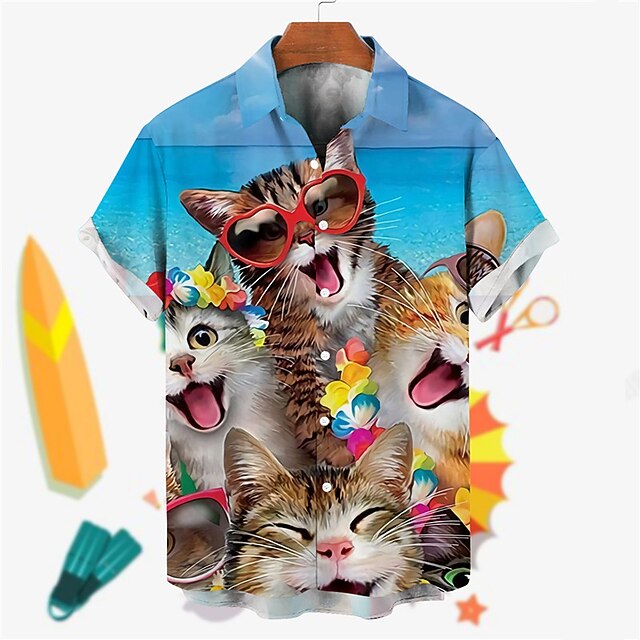 Men's Animal Cat Shirt Summer Hawaiian Shirt Aloha Shirt Short Sleeves Shirt Turndown Tropical Fashion Hawaiian Street Casual Hawaiian Blue Gray S M L3