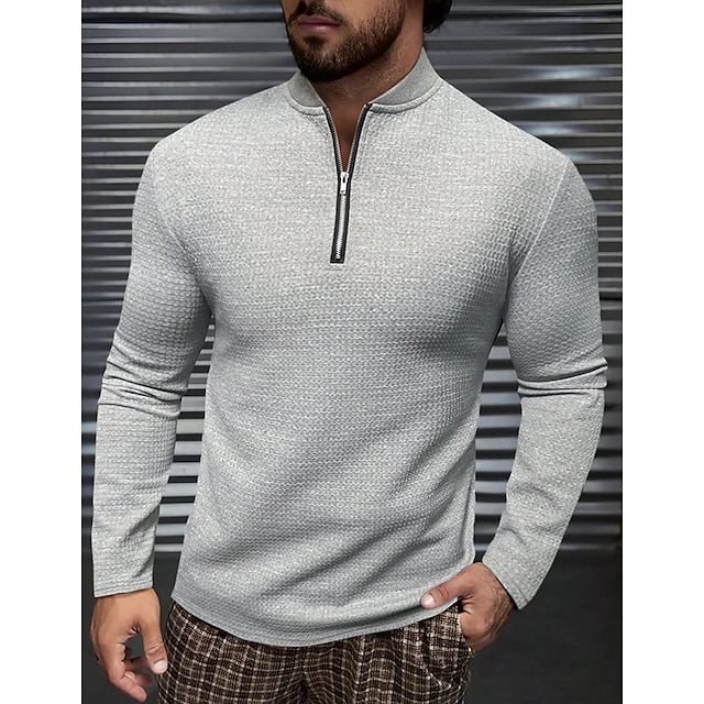  Per uomo Maglietta Waffle Camicia a nido d'ape Maglietta T-shirt con cerniera a un quarto solido Manica Lunga Zip a un quarto Primavera & Autunno Semplice Moda Designer Essenziale Vacanza Streetwear