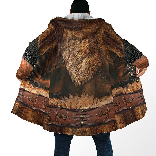 Men's Totem Winter Coat Fleece Jacket Coat Comfortable Warm Breathable Vintage Abstract Sports & Outdoor Daily Wear Going out Zipper Pocket Print Fall & Winter Hoodie Long Sleeve Brown3