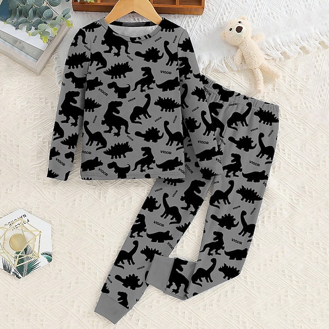 Boys 3D Dinosaur Pajama Sets Long Sleeve 3D Print Fall Winter Active Cool Daily Kids 3-12 Years Crew Neck Home Causal Indoor Regular Fit