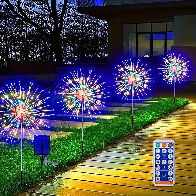 4pcs Solar Led Firework Light 480 Leds, 8 Modes with Remote Control