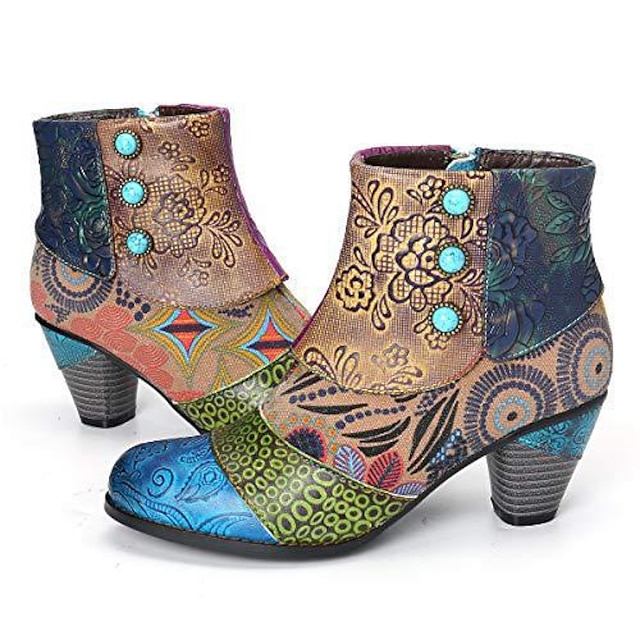  Women's Boots Print Shoes Combat Boots Plus Size Outdoor Daily Floral Color Block Booties Ankle Boots Cone Heel Round Toe Elegant Bohemia Vacation PU Zipper Dark Brown Colorful Navy Blue